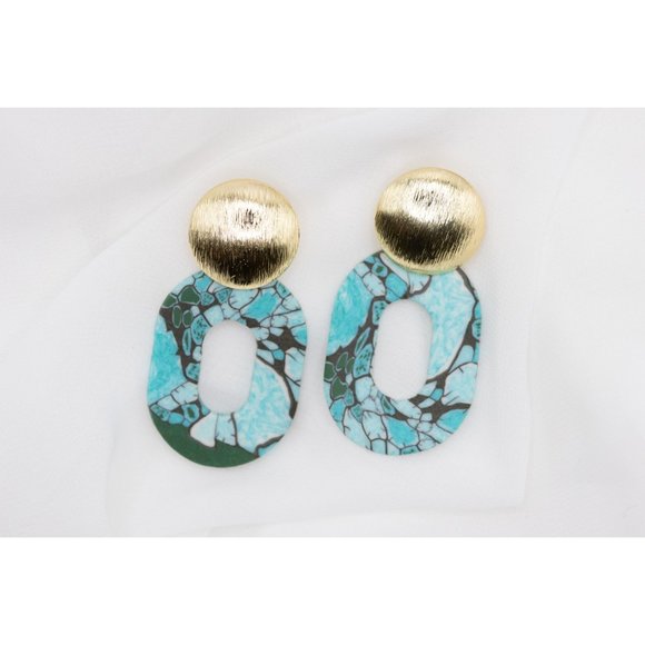 Blue + Gold Oval Earrings, Lightweight Earrings, Handmade Polymer Clay Earrings - Picture 4 of 4